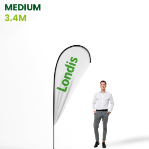 Medium Teardrop Flag with Londis written on it next to man for height purposes (flag is taller than man)