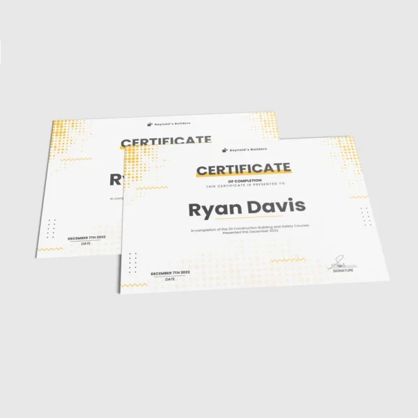 Construction (Health and Safety) 17 Printed Certificate with placeholder name