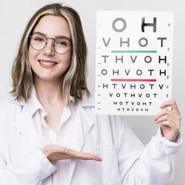 Healthcare Services 3 Optician holding up a piece of optical testing print
