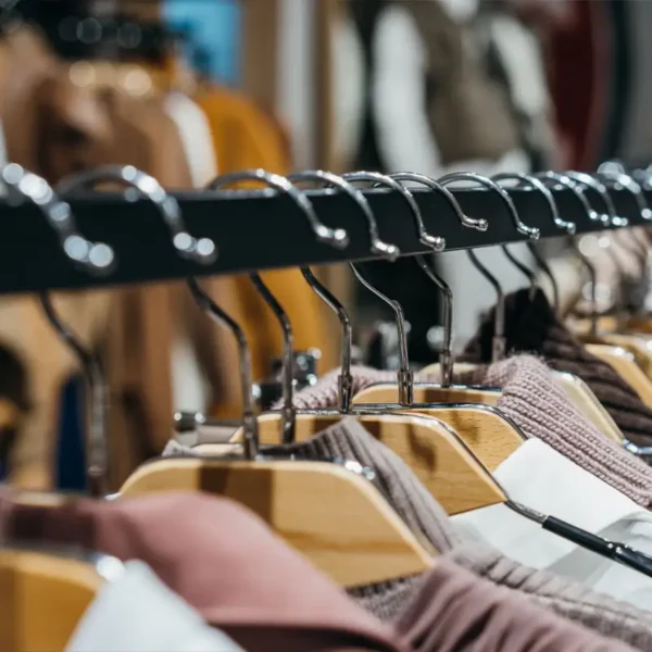 clothes on a clothing rack close up in a retail setting